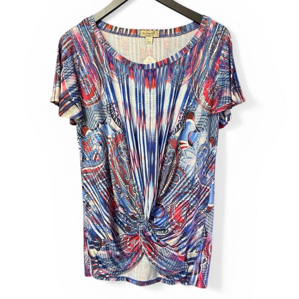 One World Rhinestone Embellished Short Sleeve Knotted Top Womens Size M Boho
